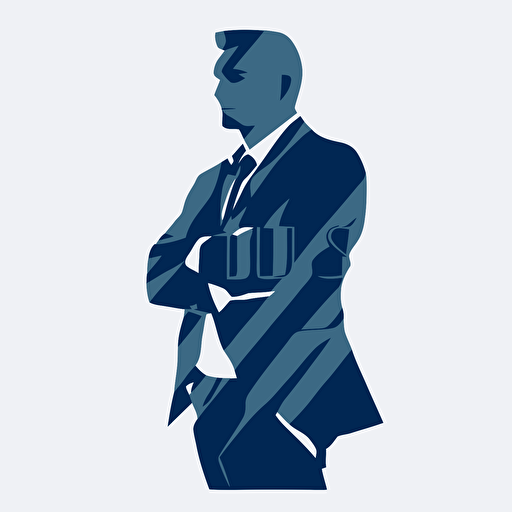 silhoette of professional man, arms crossed, blue color, white background, simple design, vector style