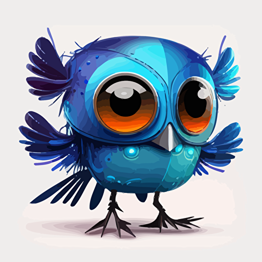 happy, cute, robotic blue bird, big head, large shiny eyes, small wings, small legs, subtle gradients, colorful feathers, vector art, 2d