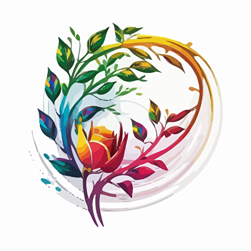 a vector art logo incorporating a willow branch in an arc over a rainbow colored rose, simple, white background