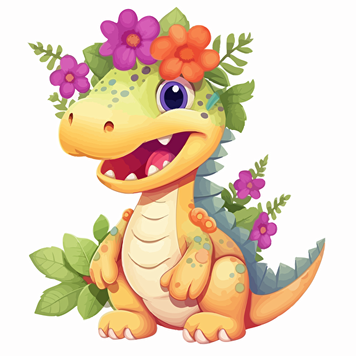 cute dinosaur with flowers, detailed, cartoon style, 2d clipart vector, creative and imaginative, hd, white background