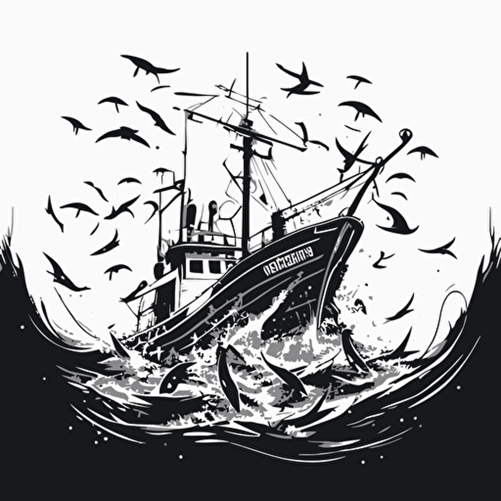 fishing ship monocrome comic vector style minimalistic