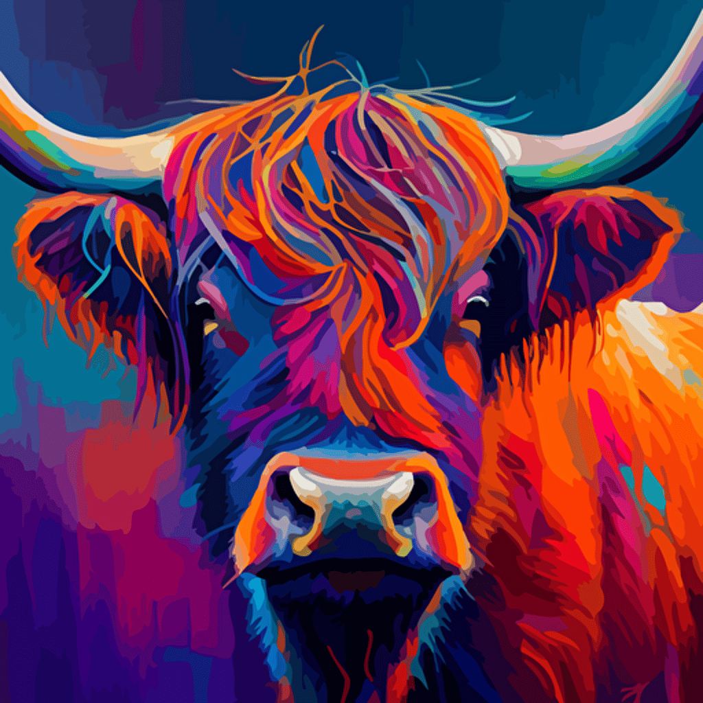 the head and shoulders of a highland cow in the style of Steven Brown painted in bright vivid colours using acrylic paints and a palette knife with a bright red backround
