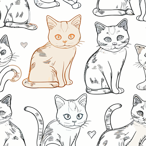 cute cats pattern, vector, contour, white background, v