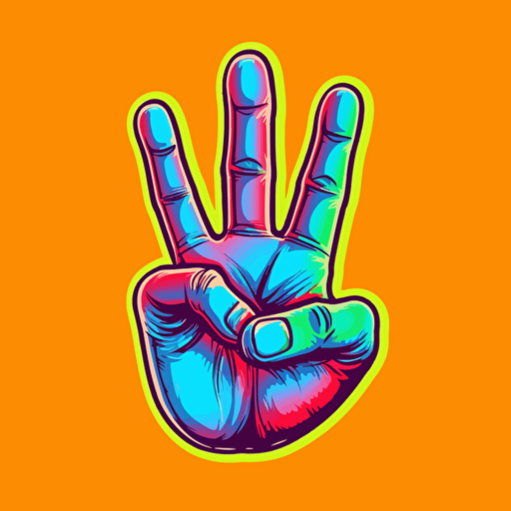 peace sign hand gesture The V sign is a hand gesture in which the index and middle fingers are raised and parted to make a V shape while the other fingers are clenched tie dye bright vivid colors retro illustration vector retro cartoon style sticker