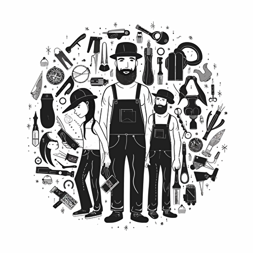 a fathers day theme logo, 2D, black and white, including 2 kids, some tools, vector tracing