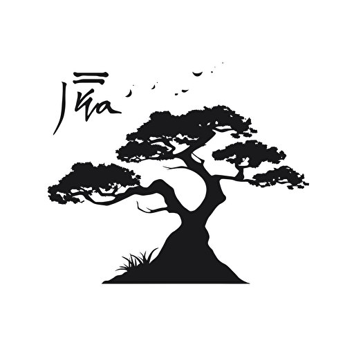 Logo, black tree silhouette on isolated white background, japanese word, hard edges, vector, anime style, minimalism