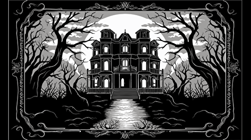 rug design for a spooky mansion, vector, black and white, bordered, fill frame