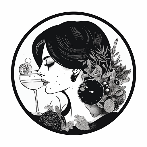 a 2D logo for a gin bar, must appeal to womens between 20-30 year, vector art, black and white, must be circular