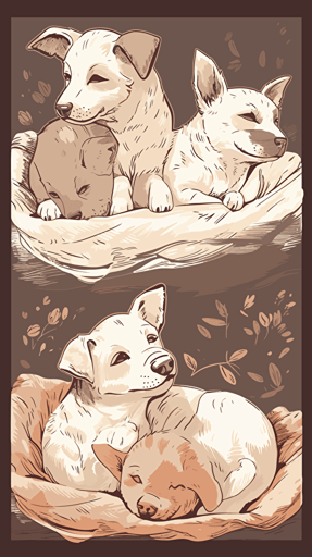 Set of charming hand drawn puppies in various sleeping positions on a cozy bed, surrounded by soft blankets and pillows, with warm sunlight streaming through the window, evoking coziness and comfort, Vector illustrations, warm lighting,