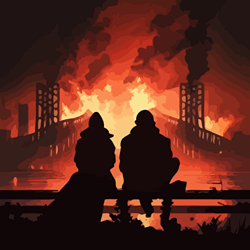 two people silhouetted with their backs to the viewer sitting on a burning bridge overlooking a city, dystopian, animated vector style
