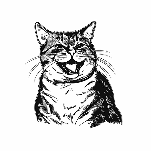 cat laughing, black and white illustration, vector isolated on white
