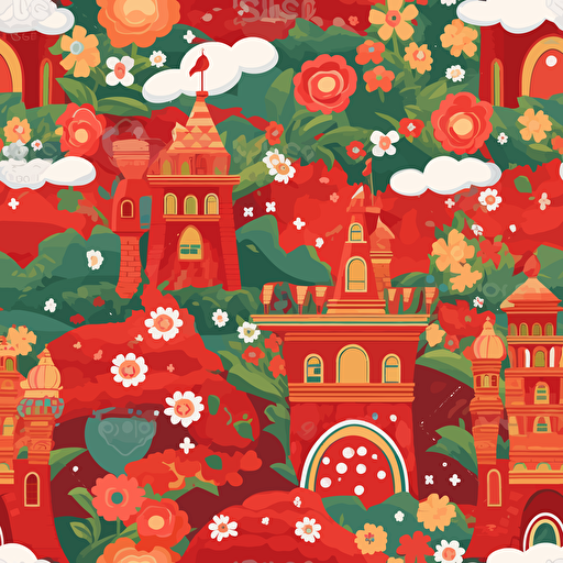 Red Castle Of Princess Fantasy Flying Palace In White Magic Clouds Mexican Princess Girl Fairytale Royal Heaven Palace Cartoon Magical Rainbow Roses Vector Illustration green white