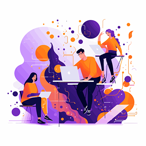 flat modern vector image of multiple online tutors, complemenatry colours, bright orange and purple, high resolution, white background, creative visualization, detailed