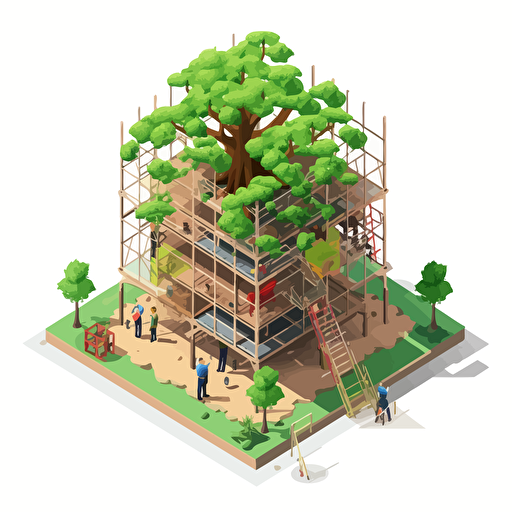 isometric cartoon vector style image of ia small tree with scaffolding platforms around it, transparent background