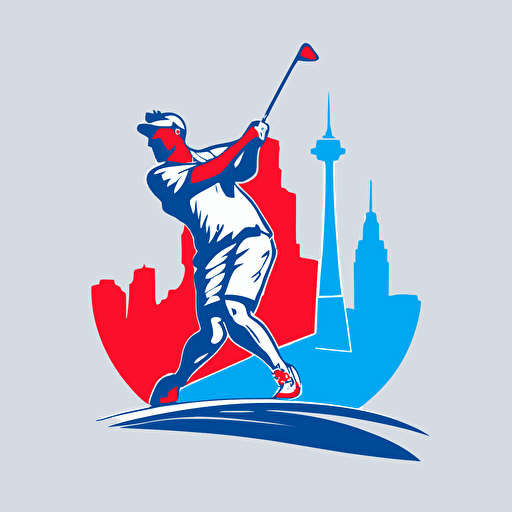 A flat vector logo for a golf league, there is the CN Tower in the background, there is the profile of a golfer swinging, blue and red colors, no text