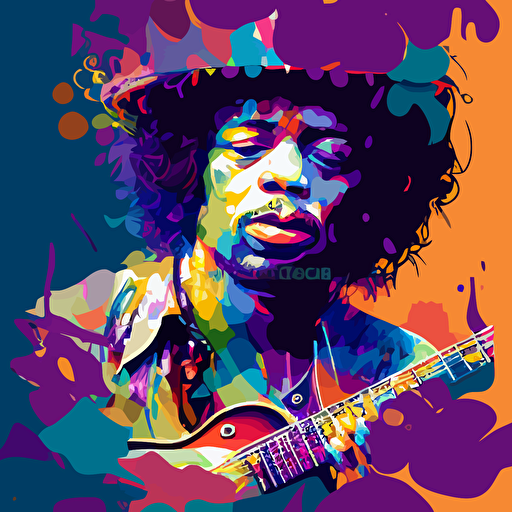 jimi hendrix playing guitar by glean keane, 2d vector art, flat colors