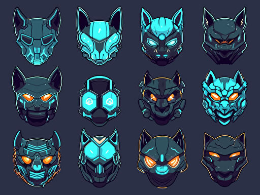 game sprite sheet of cyberpunk futuristic sci-fi masks for space-cats, collection sheet, 2d game sprite, asset store 2D flat cartoon drawing vector