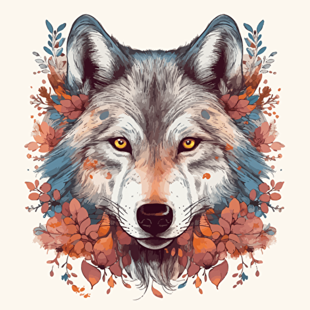 a beautiful wolf head with a surrounding floral design in detailed drawing style + simple vector + bright colors on a white background