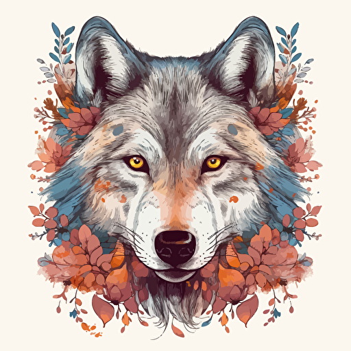 a beautiful wolf head with a surrounding floral design in detailed drawing style + simple vector + bright colors on a white background