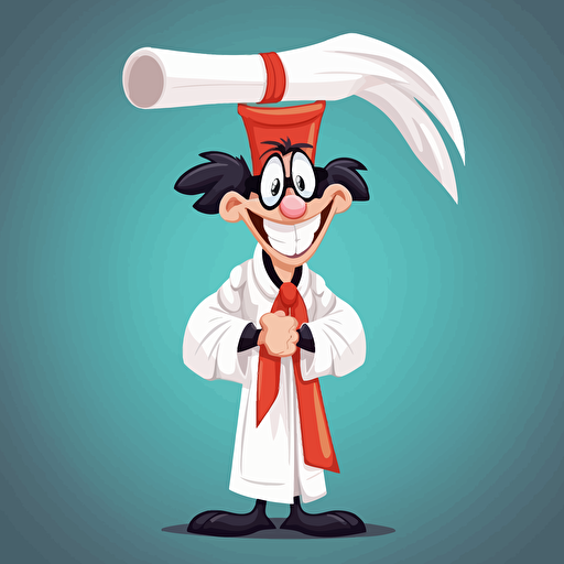 Student with glasses, wearing a graduation robe and graduation stole while smiling. Hands crossed in front of him holding a rolled up scroll. Cartoon looney tunes animaniacs bugs bunny vector style.