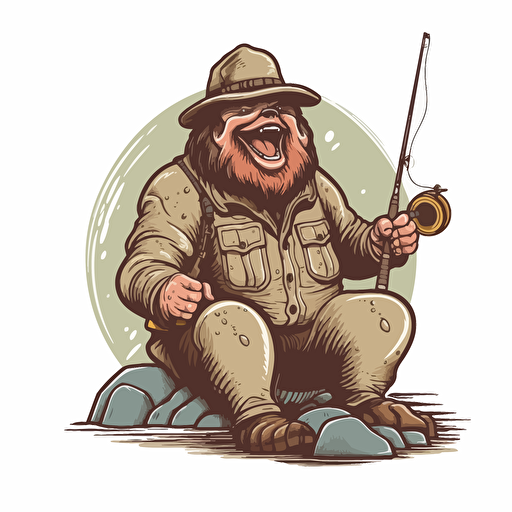 smiling bigfoot with trucker hat posing on one knee holding a rainbow trout with fly rod and net, in style of outdoor logo, isolated on white, no background, vector art