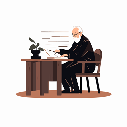 flat vector minimalist illustration of a man signing a contract in an old wooden desk in a leather black chair