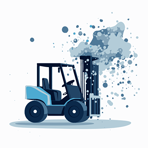 a forklift with splash of dust showing it in action, colored cartoon style, flat design vector, blue, off grey, white, off black, white background, ar 1:1