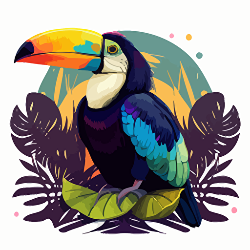 vector illustration of a toucan sitting in meditating pose on lotus leaf, colorful, vaporwave colors, no background, vector design