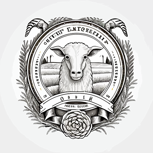 line drawing coat of arms, iowa barn, sheep head, corn wreath, Vector