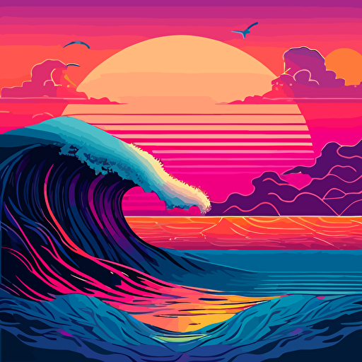 vaporwave surf waves, sunset on horizon, vibrant pinks, blues and oranges, vector, hd, high resolution , 300 dpi,