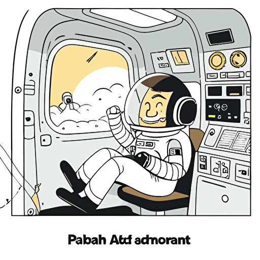 draw a 2D vector, cartoon, happy scene about astronaut, a simple drawing, in color but bordered with a black line, flat drawing and without details on a white background