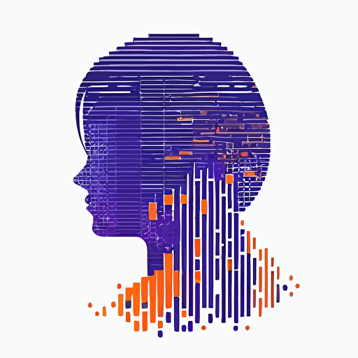 simple minimal circle logo of a person side face, pixel art, matrix code, flat vector logo, blue purple orange gradient, simple minimal, style of japanese book cover