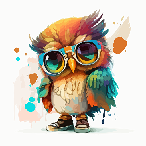 a very cute baby owl wearing very big sunglasses dressed up as a rock star, as a cartoon type, as a vector, white background, bright graffiti colors