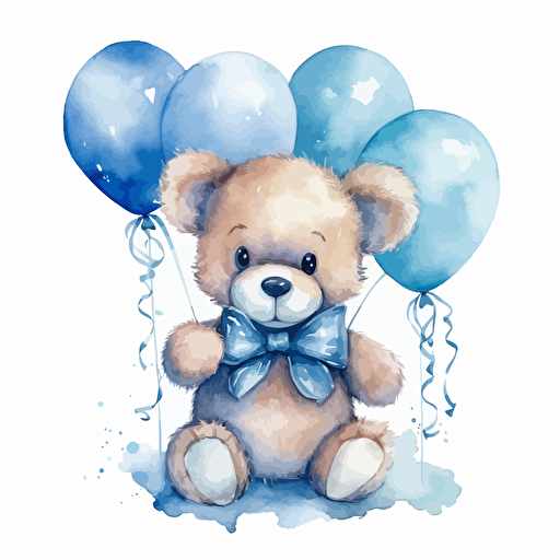 cute teddybear wearing blue bow and holding blue balloons, watercolor, vector