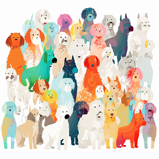 adorable brightly colored dogs of all breeds on a white background + doodle style + white background + simple vector + bright colors