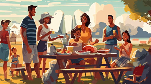 a oil painting vector black family picnic, picinic tables, someone cooking on the barbeque grill, bounce house in the background, bbq food on the tables, kids running around, adult plaing cards,