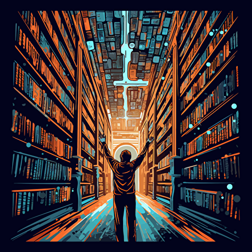 a vector image of a man reaching for a book in a long library isle, blue and orange and dark gray, graffiti style