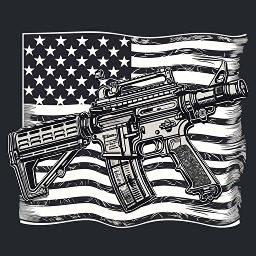 assault rifle draped in America flag cameo, vector illustration, black and white