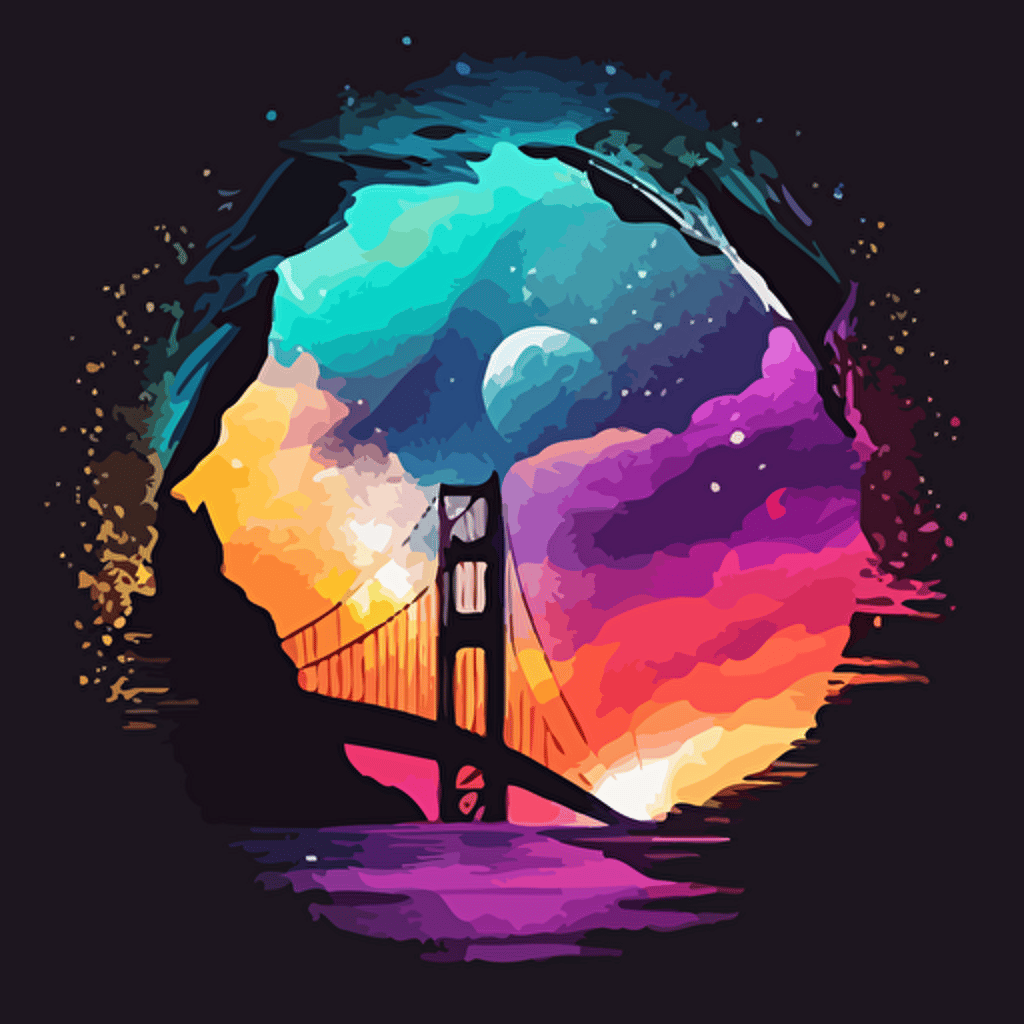 vector art colorful, galaxy inside shilouette of golden gate bridge