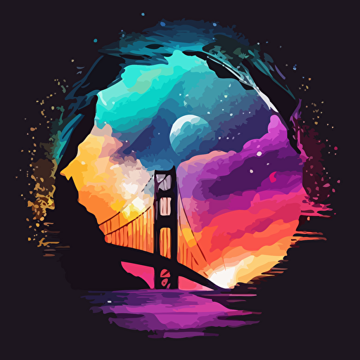 Vector art colorful, galaxy inside shilouette of golden gate bridge, vector illustration