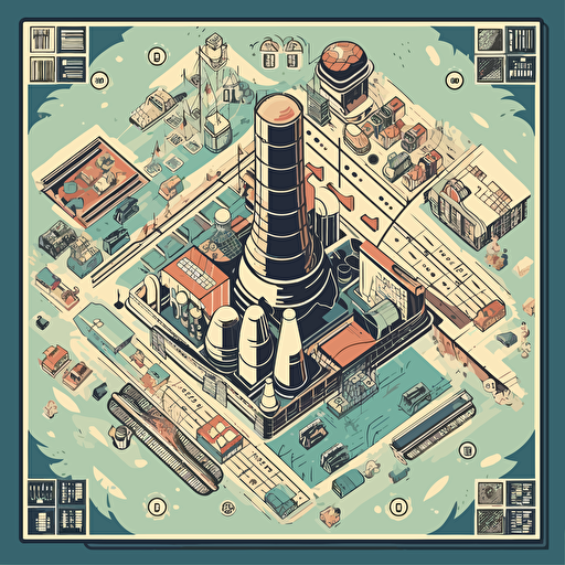 board game card, nuclear power plant, illustration, vector, geometric