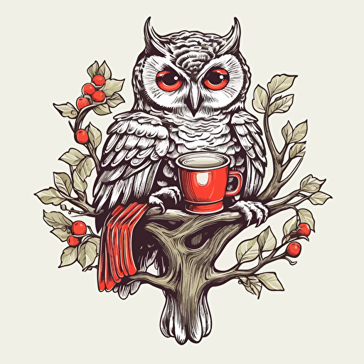 happy relax owl reading a book, a coffee cup beside the owl, vector, illustration for sticker, illustrator, vector art illustration style, grey background, high resolution,