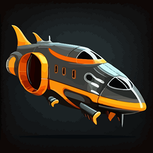 futuristic mining space ship, logo on the hull, orange and grey, black background, simple, vector