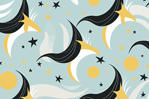 a minimal vector pattern containing unicorn horns, stars and waves. light blue, yellow, black.