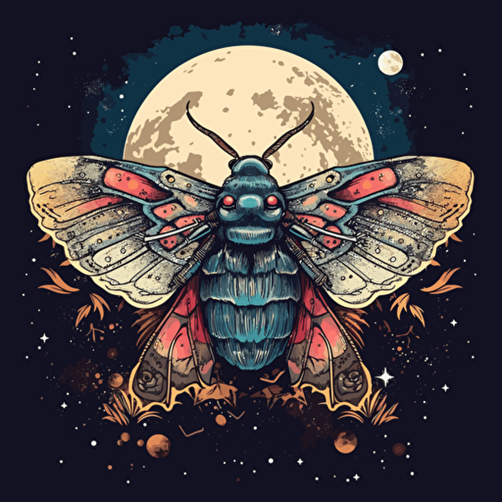 a beautiful moth with a surrounding stars and moons design in detailed drawing style + simple vector + bright colors on a white background