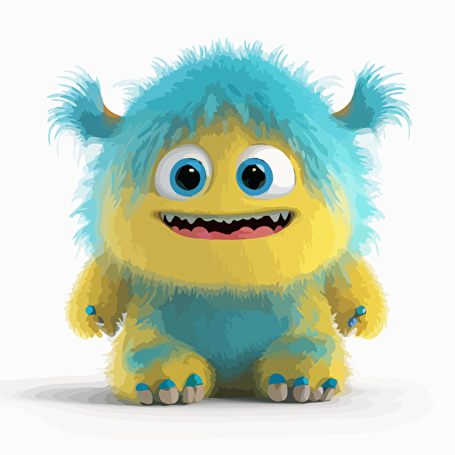 A gorgeus yellow and blue baby fur monster, smiling, white background, vector art , pixar style