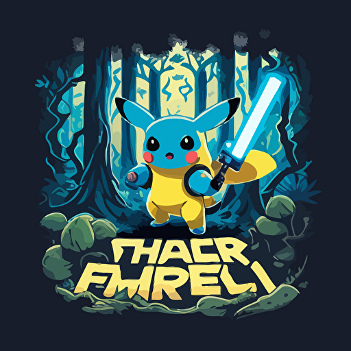 a logo design with pikachu with a blue lightsaber in a forest on a alien planet, vector art, simple, bright colors