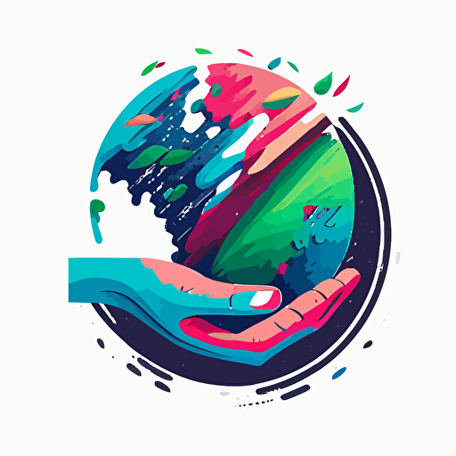 abstract sliced vector logo, earth in a hand, blue, green and pink