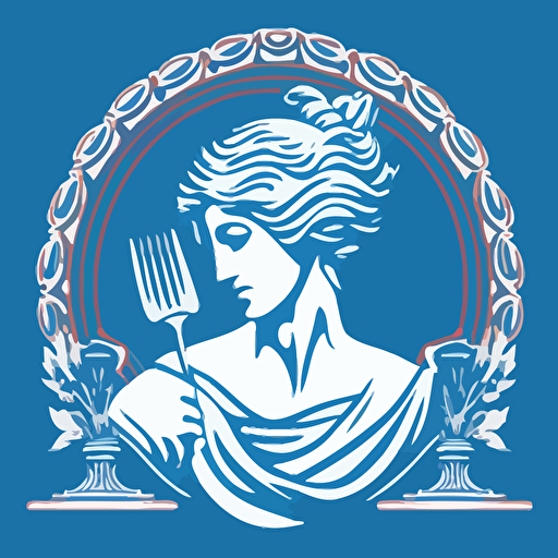 crest logo vector of a blindfolded lady holding a spoon and a fork an in a greek european style