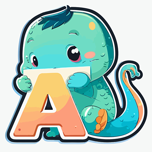 sticker flat vector art,2D kawaii, baby alligatr sitting on the letter A,cute,colorful disney-inspired